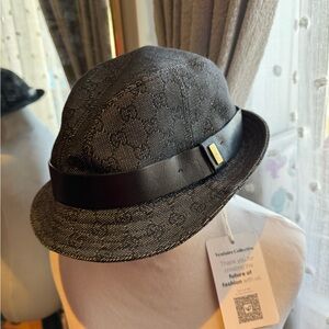 Authentic Gucci Gray & Black Leather Monogram Fedora Hat Y2K
